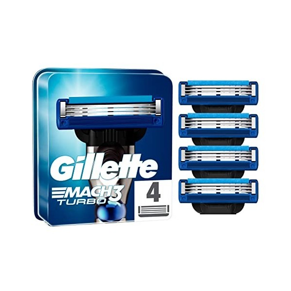 Gillette Mach3 Turbo Recharges De Lames De Rasoir Pour Homme, À 3 Lames, 4 Recharges De Lames, Lames Plus Résistantes Que L’A