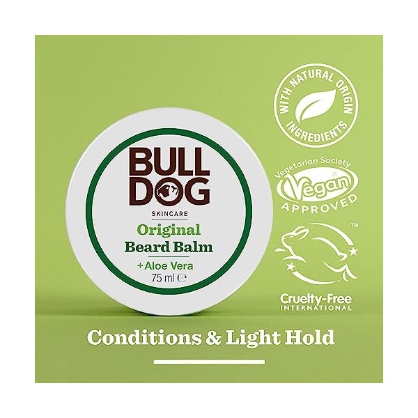 Baume à barbe Bulldog Skincare avec ingrédients naturels, aloe vera, huile de caméline et thé vert, 75 ml lemballage peut v
