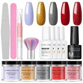 COSCELIA 5 couleurs Dipping Powder Nails Set Poudre de trempage pailletée pour ongles 5pcs Dipping Powder Prep Base Coat Top 