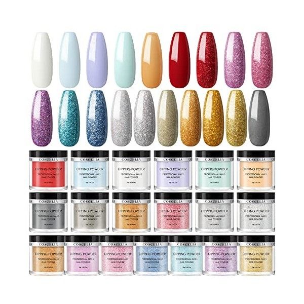 COSCELIA 19 couleurs Nail Dipping Powder Set Dipping-Maniküre-Sets avec Top&Base Coat Poudre scintillante avec 18W UV+LED Lam