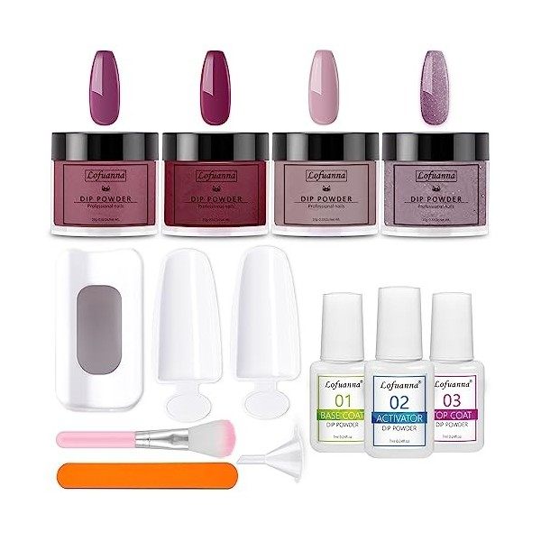 Lofuanna Dip Powder Nail Kit-4 Couleurs Ensemble Violet de Poudre à Tremper avec Base Couche Supérieure Activateur,Pas Besoin