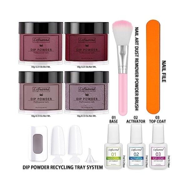 Lofuanna Dip Powder Nail Kit-4 Couleurs Ensemble Violet de Poudre à Tremper avec Base Couche Supérieure Activateur,Pas Besoin