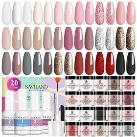 Saviland Dip Powder Nail Kit - 20 couleurs Dip Powder Starter Kit Glitter Gold Red Black White Clear Dip Powder avec Base Top