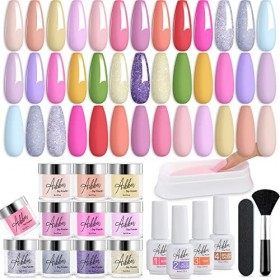 Aikker Lot de 27 poudres de trempage pour ongles - 20 couleurs - Rose nude brillant - Argent - Séchage rapide - Avec couche d