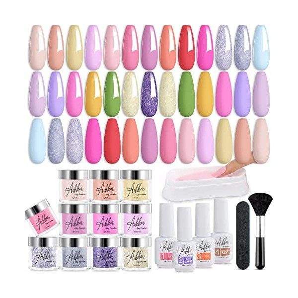 Aikker Lot de 27 poudres de trempage pour ongles - 20 couleurs - Rose nude brillant - Argent - Séchage rapide - Avec couche d