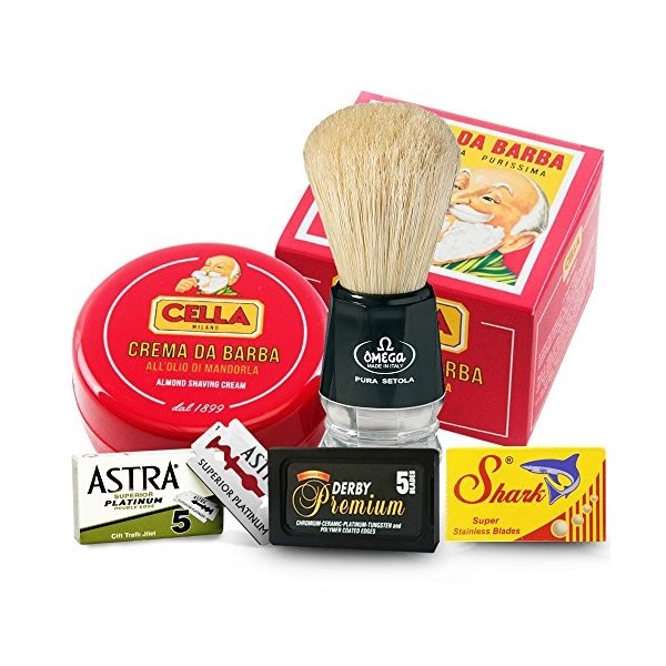 The Goodfellas smile Cella Shaving Cream 150ml plus Omega Shaving Brush Pure Bristle and 15 Double Edge Razor Blades In Kit.