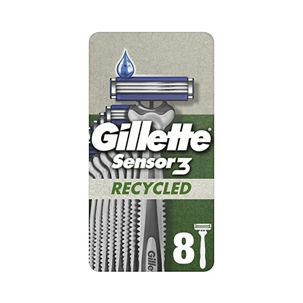 Gillette Sensor3 Recycled Rasoir Jetable X8, Pour Homme, À 3 Lames, Manche Composé De 95% De Plastique Recyclé