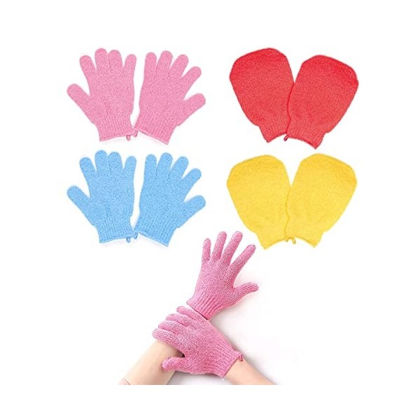 Lot de 4 paires de gants exfoliants, deux styles de gants de douche avec cerceau de suspension, exfoliant pour le corps pour 