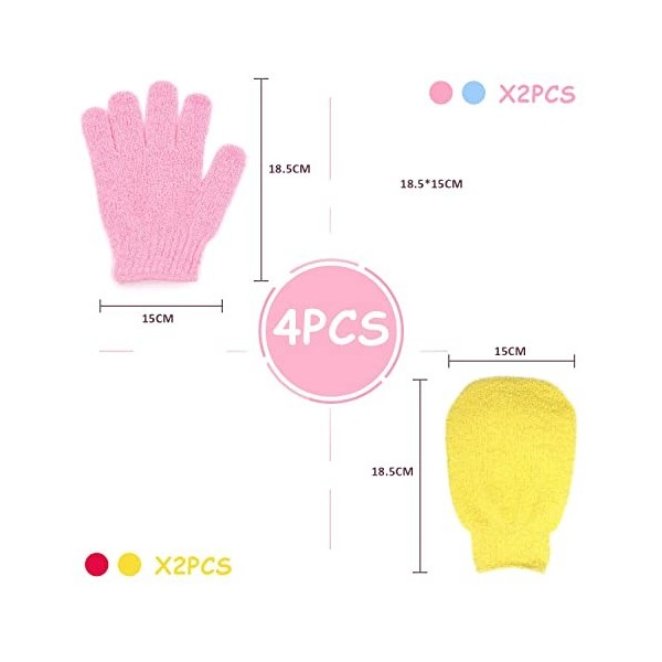 Lot de 4 paires de gants exfoliants, deux styles de gants de douche avec cerceau de suspension, exfoliant pour le corps pour 