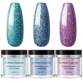 COSCELIA Glitter Dipping Powder Nails Set 3 couleurs Poudre à ongles avec base 2-en-1 et couche de finition Matt Topcoat pour