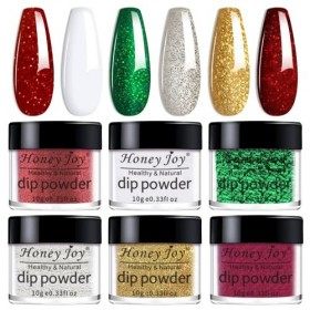 Honey Joy Lot de 6 poudres de trempage, rouge et vert, doré à paillettes fines, pas besoin de sécher à la lampe, comme leffe