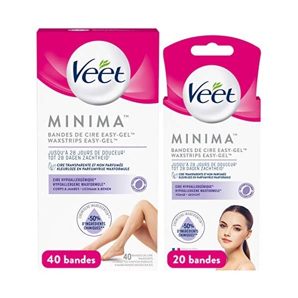 Veet PURE - 60 Bandes de Cire Froide Visage, Corps et Jambes - Peaux Sensibles - Recommandés par les Dermatologues - Epilatio