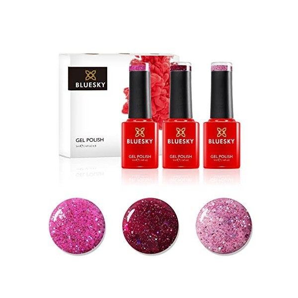 BLUESKY Gel Nail Polish, Ensemble vernis semi permanent - Pink Confetti. Diamond Girl Blz44, Barbie Pink Blz04, Scarlett Red 