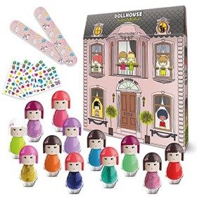 12 Vernis à Ongles Peel-off Non-Toxiques 2 Limes à Ongles et Autocollants, Maison de Poupée Kimono - Set de Vernis à Ongles à