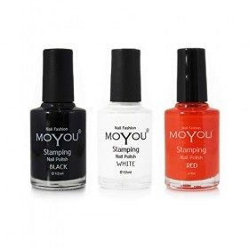 MoYou Nails set de 3 vernis à estamper: noir, blanc et rouge utilisé pour créer de magnifiques motifs Nail Art