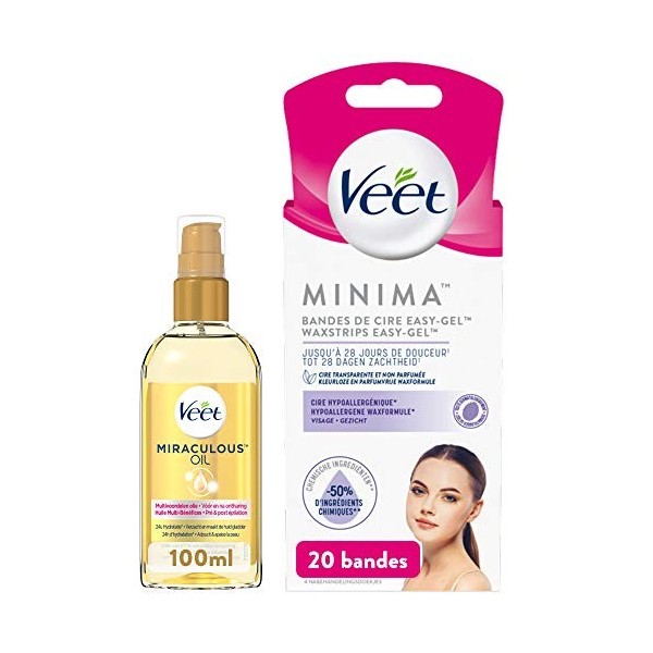 Veet Huile Miraculeuse + Bandes de Cire Froide Minima Epilation Visage x20