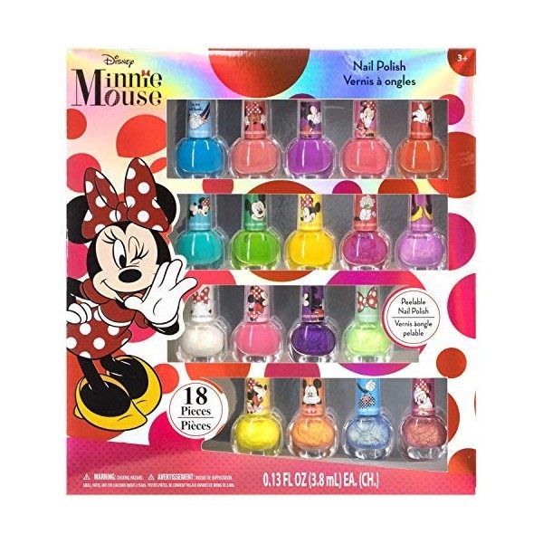 Townley Girl Disney Minnie Mouse Set de vernis à ongles non toxique, couleurs pailletées et opaques, 18 pièces|Pour fêtes, so