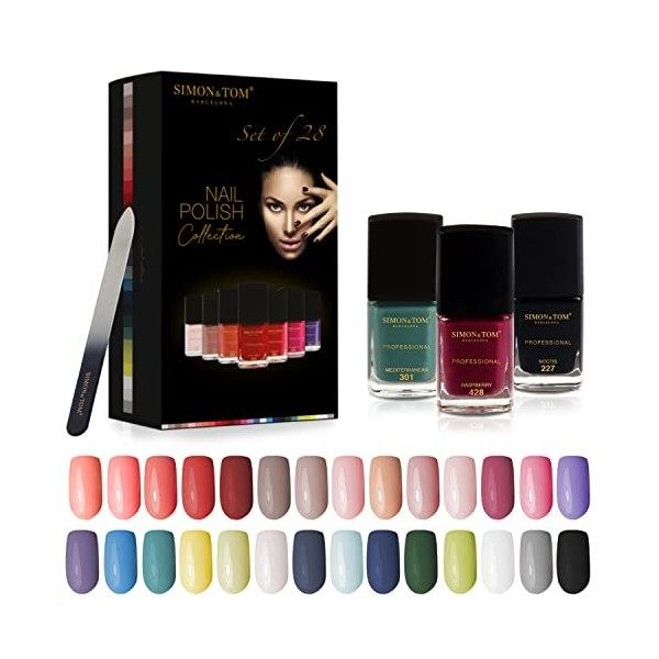 Simon&Tom Set de 28 Vernis à Ongles - 28 Couleurs Différentes Cadeau Parfait Kit x 12ml - Finition professionnelle - Séchage 