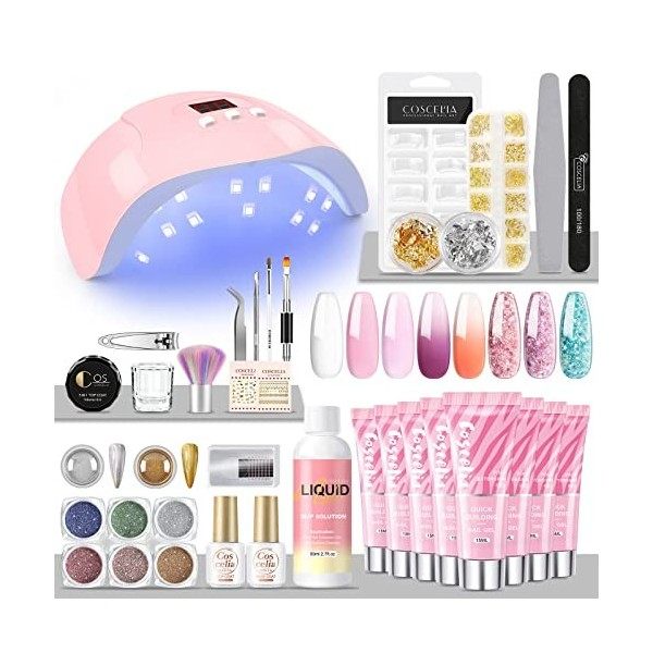 COSCELIA Poly Nail gel set, ongles extension gel avec lampe UV/LED, slip solution 80ml ongles fortifiant Rhinestone français 