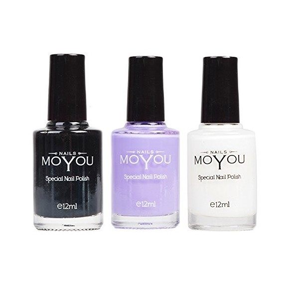 Set MoYou Nails de 3 vernis de stamping: Noir, Blanc et Rose Vif utilisés pour créer de beaux motifs de Nail Art provenant di