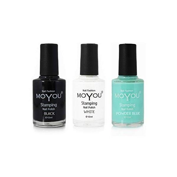 Set MoYou Nails de 3 vernis de stamping: Noir, Blanc et Rose Vif utilisés pour créer de beaux motifs de Nail Art provenant di