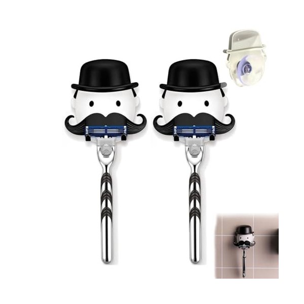 2pcs Creative Wall Mounted Cartoon With Suction Cup Shaver Holder, Creative Bearded Gentleman Shaver Storage Shelf, Cartoon S