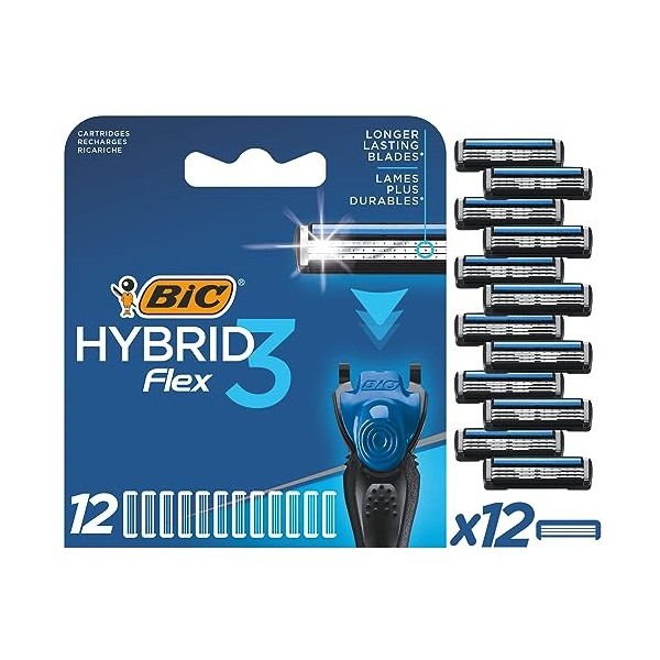 BIC Hybrid 3 Flex Recharges de Lames de Rasoir pour Homme - 3 Lames Mobiles Nanotech en Titane avec bande lubrifiante - Boîte