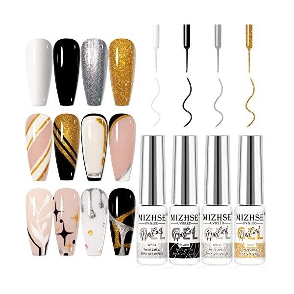 MIZHSE Gel Liner Nail Art 4 couleurs Set Noir & Blanc Gel Nails Starter Set Colors Line Vernis à Ongles Gel pour Nail Design 