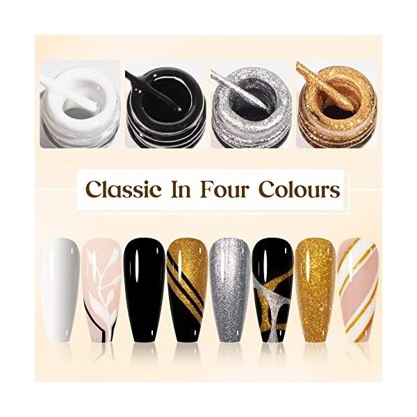 MIZHSE Gel Liner Nail Art 4 couleurs Set Noir & Blanc Gel Nails Starter Set Colors Line Vernis à Ongles Gel pour Nail Design 