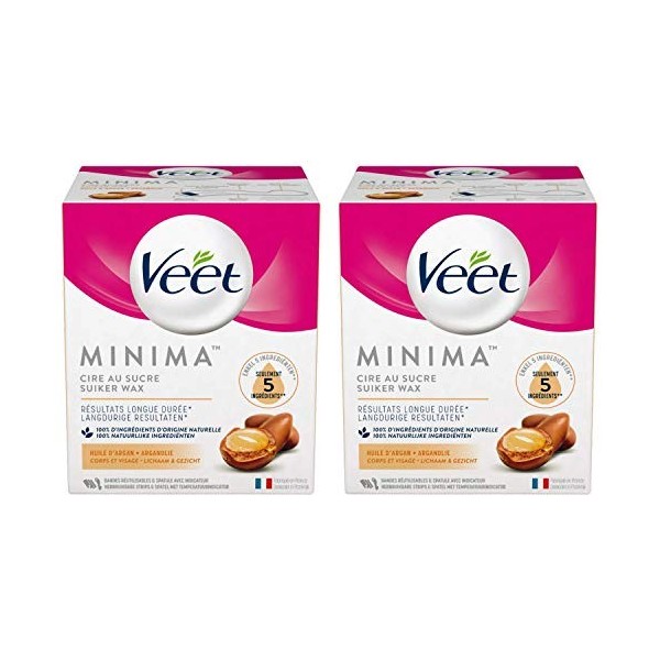 Veet Cire au Sucre Minima - 100% d’Ingrédients dOrigine Naturelle pour une Douceur Longue Durée - Huile dArgan Lot de 2 