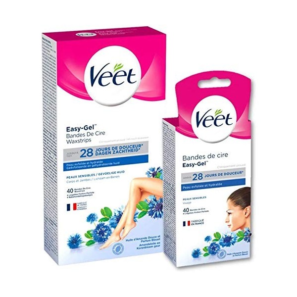 Veet Bandes de Cire Froide Peaux Sensibles 40 Jambes & 40 Visage 