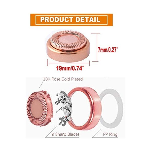 Poweka Poweka Lot de 6 têtes dépilation du visage pour une épilation impeccable – Rosy Gold Heads Lames impeccables pour lèv