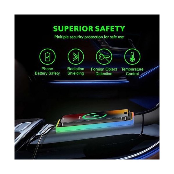 Tapis De Voiture à Chargement Rapide, Tapis De Chargeur De Voiture Sans Fil Avec Modes Déclairage Couleur, Anti-Surchauffe T