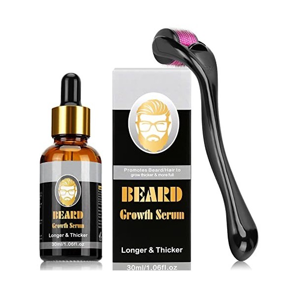 Desllrey Kit de repousse des cheveux de barbe pour homme - Sérum activateur de croissance de barbe - Rouleau de barbe pour ho