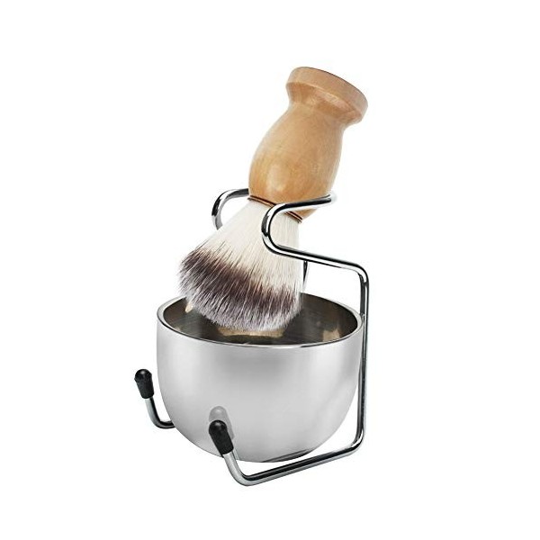 Wskderliner 3 en 1 Brosse à barbe Kit, Bol à Savon à Barbe en Acier Inoxydable, Tasse à Crème à Raser et Support Titulaire po