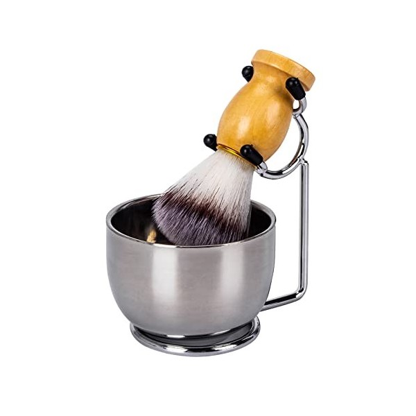 Wskderliner 3 en 1 Brosse à barbe Kit, Bol à Savon à Barbe en Acier Inoxydable, Tasse à Crème à Raser et Support Titulaire po