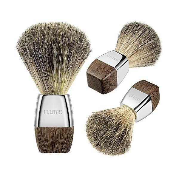 GRUTTI Rasage Brush, 100% Pure Blaireau Rasage Cheveux pour Hommes Wet Rasage Idée Cadeau- Imitation Bois Grain