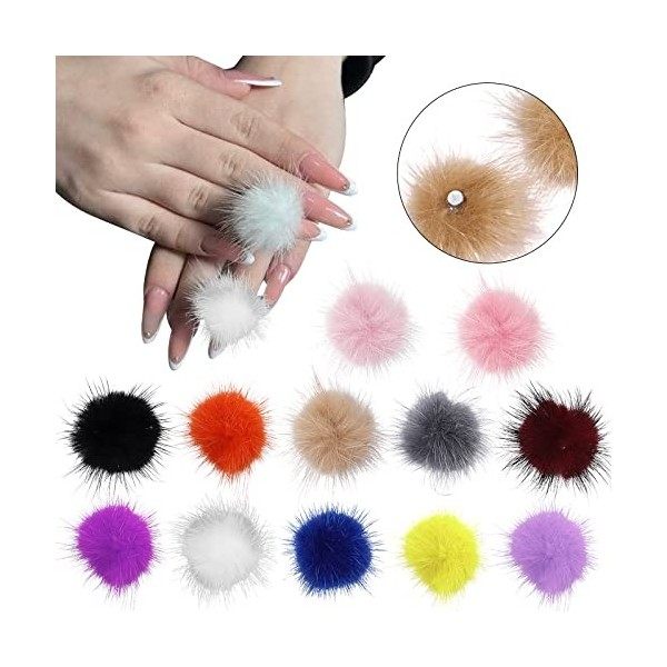 LIONVISON Boule en Peluche Nail Pom Pom, 24pcs 3D Magnet Ongle Pom, 12 Couleurs Soft Fluffy Pom Détachable Magnetic Nail Fur 