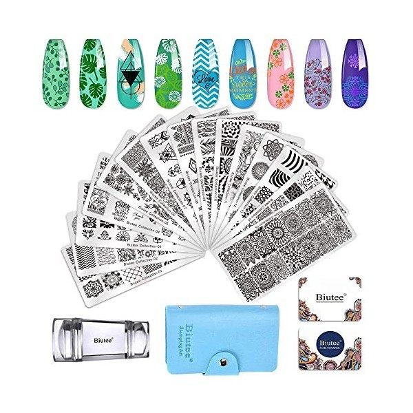 Biutee Set de Stamping Nail Art Kit destampage dongles 15 pièces modèles dart dongle avec motifs danimaux, de feuilles e