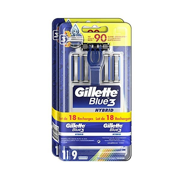 Gillette Blue 3 Hybrid Rasoir Homme + 9 Lames de Recharge Lot de 4 Pack Bande Lubrastrip Comfortfresh, avec Tête Pivotante 