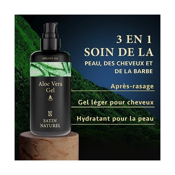 Aloe Vera Gel avec Acide Hyaluronique pour Homme 200ml, Produit 3 en 1 Apres Rasage Homme + Creme Hydratante Visage + Gel Alo
