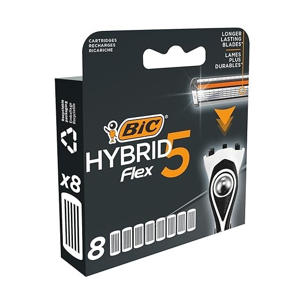 BIC Hybrid 5 Flex Recharges Rasoir Homme avec 5 Lames Mobiles Nanotech avec revêtement en Titane - Boîte de 8 recharges