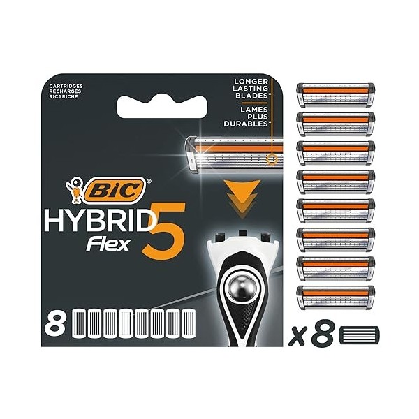 BIC Hybrid 5 Flex Recharges Rasoir Homme avec 5 Lames Mobiles Nanotech avec revêtement en Titane - Boîte de 8 recharges