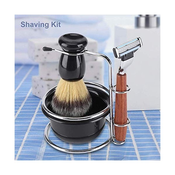 Set de blaireau 4 en 1 avec blaireau, porte-savon et support de rasage - Coffret cadeau - Bol à savon à raser professionnel -