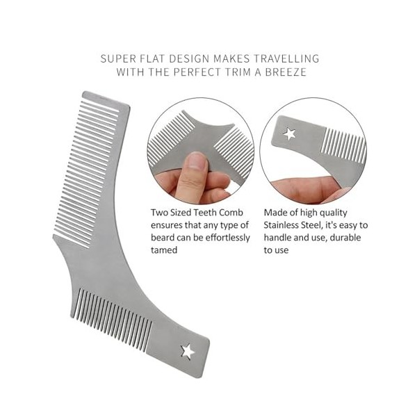 Beard Styling Comb, Mens Shaving Trimming Stencil, Stainless Steel Metal Beard Comb With Built-in Comb Beard Shaping Styling