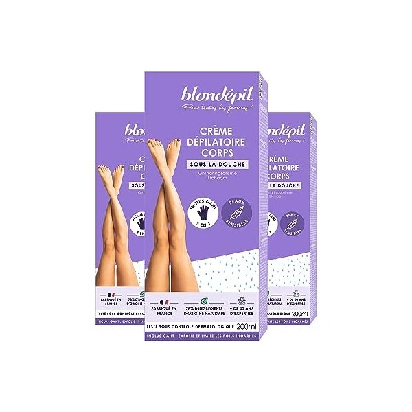 Blondépil - Creme depilatoire femme corps sous la douche, Peaux sensibles, Sans colorant, Made in France, 78% d’ingrédients d