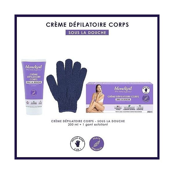 Blondépil - Creme depilatoire femme corps sous la douche, Peaux sensibles, Sans colorant, Made in France, 78% d’ingrédients d