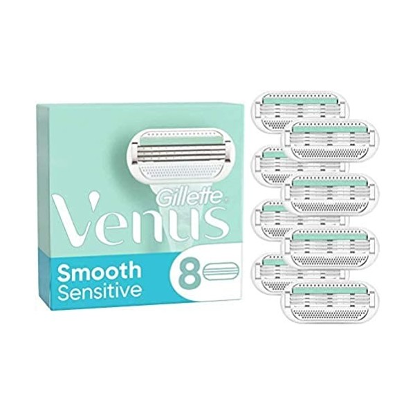 Gillette Venus Smooth Sensitive, Lames de Rasoir Femme, En Douceur Protection de la Peau, 8 Lames de Recharges