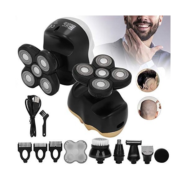 Rasoir électrique homme, rasoir chauve 6 en 1 tondeuse à barbe tondeuse de nez, étanche, rechargeable par USB dor 