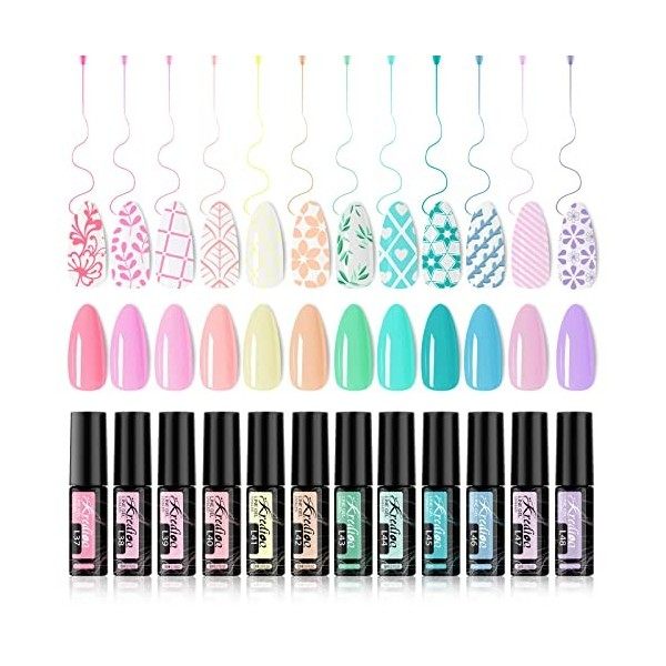 Kredioo 12 Couelurs Vernis Semi Permanents Vernis à ongles Gel Liner pour Peinture Dessin Sèche sous Lampe UV LED Nail Art Ma